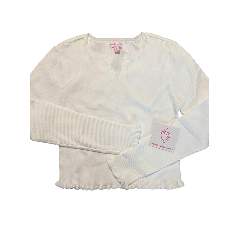 Design History Girls‎ Ribbed Top Long Sleeve Ruffle Trim White XL